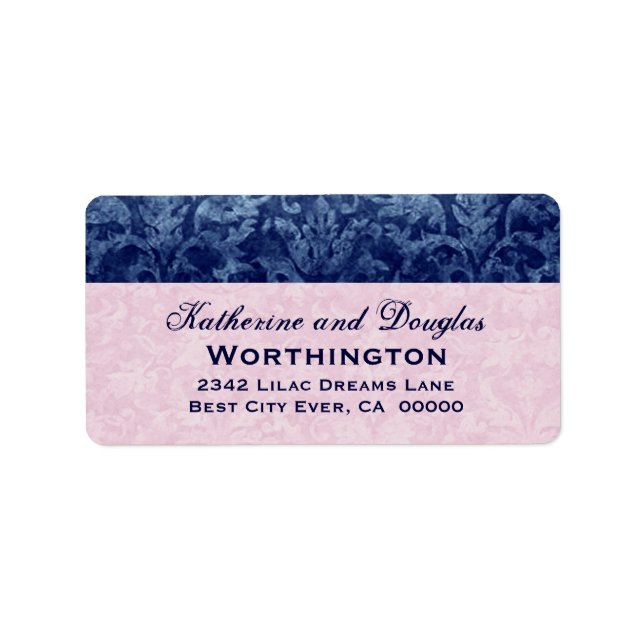 Navy Blue and Pink Grunge Damask Wedding V5 Label (Front)
