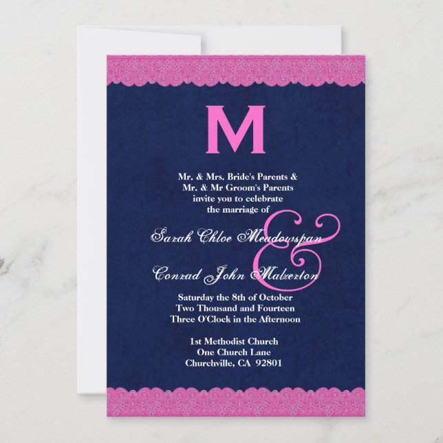 Navy Blue and Pink Lace Monogram Wedding G112 Invitation (Front)