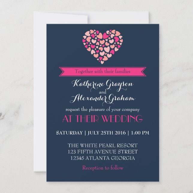 Navy Blue and Pink Love Heart Wedding Invitation (Front)