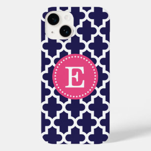 Navy Blue and Pink Modern Moroccan Monogram Case-Mate iPhone 14 Case