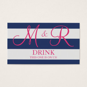 Navy Blue and Pink Monogram Wedding Drink Ticket