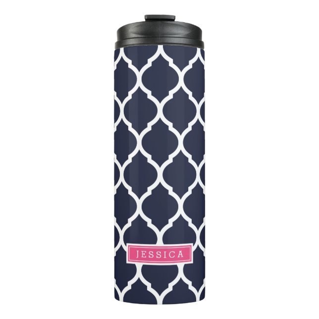 Navy Blue and Pink Moroccan Quatrefoil Monogram Thermal Tumbler (Front)