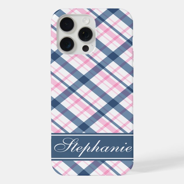 Navy Blue and Pink Plaid Pattern iPhone Case (Back)