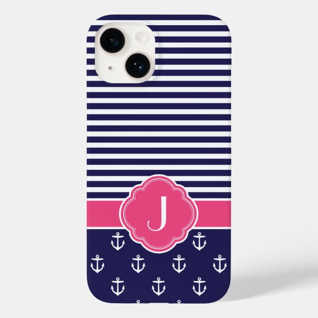Navy Blue and Pink Preppy Nautical Monogram Case-Mate iPhone Case (Back)
