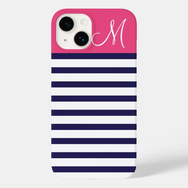 Navy Blue and Pink Preppy Stripes Custom Monogram Case-Mate iPhone Case (Back)