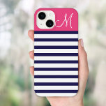 Navy Blue and Pink Preppy Stripes Custom Monogram iPhone 13 Case<br><div class="desc">Stylish custom phone case personalized with your monogram initial,  name or other custom text over a cute trendy background pattern. Click Customize It to add your own text and photos and create a unique one of a kind case design!</div>