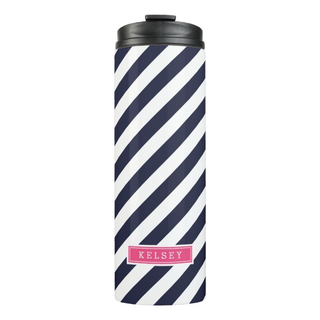 Navy Blue and Pink Preppy Stripes Monogram Thermal Tumbler (Front)