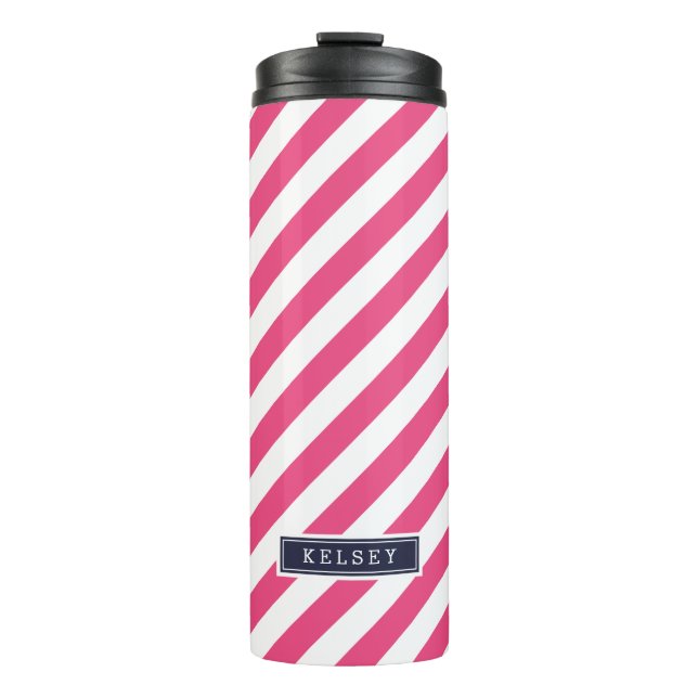 Navy Blue and Pink Preppy Stripes Monogram Thermal Tumbler (Front)