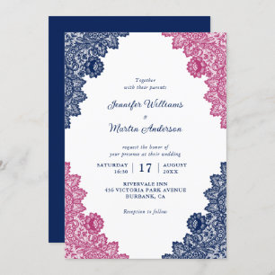 Navy Blue and Pink Rustic Floral Lace Wedding Invitation