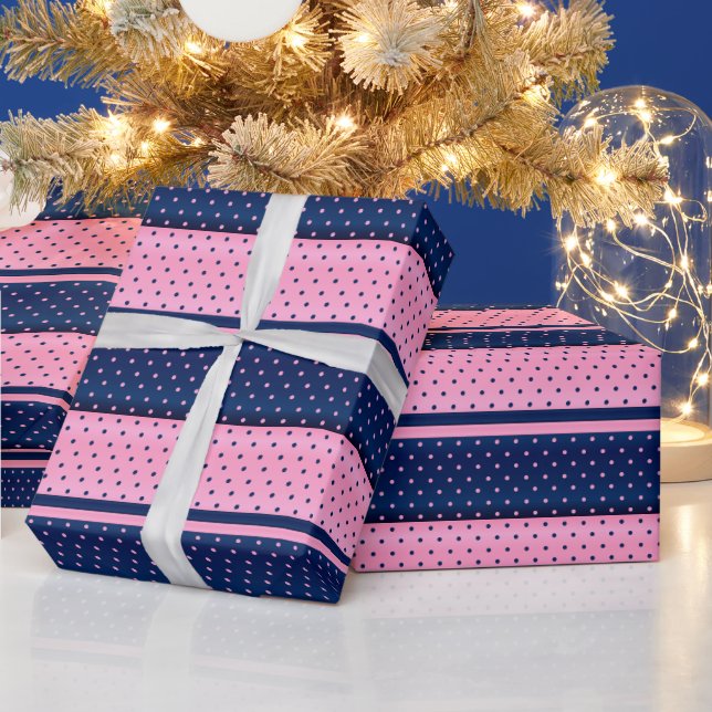 Navy Blue and Pink Stripes and Polka Dots Wrapping Paper (Holidays)