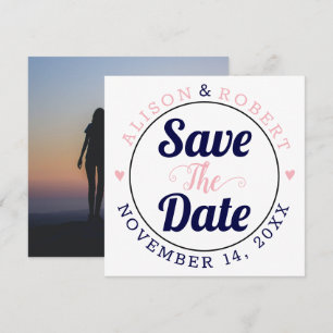 Navy blue and pink typography photo on the back sa save the date