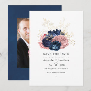 Navy Blue and Pink Vintage Roses Wedding Photo Save The Date