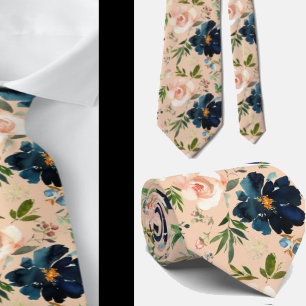 Navy Blue and Pink Watercolor Floral Roses Neck T Tie