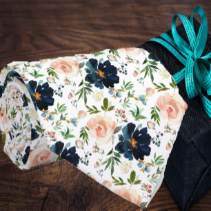 Navy Blue and Pink Watercolor Floral Roses Neck Ti Tie
