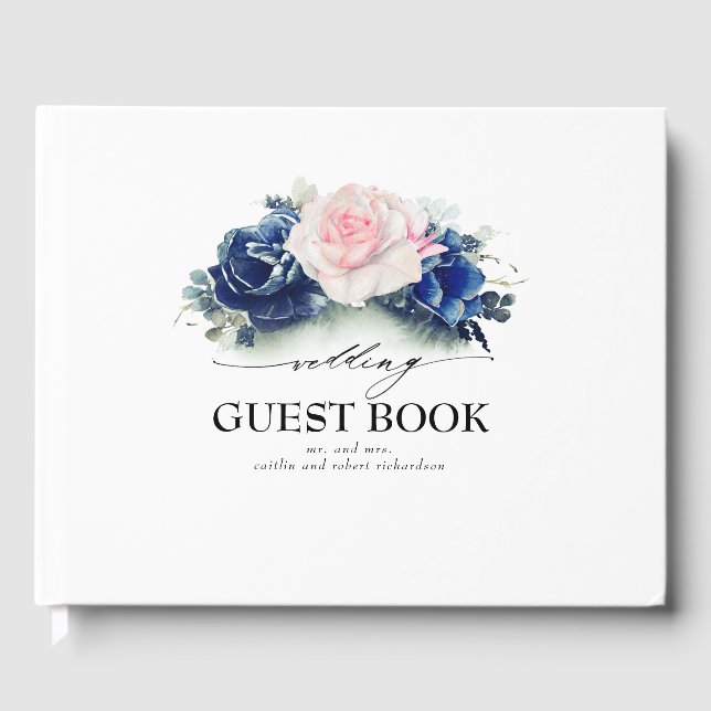 Navy Blue and Pink Watercolor Flowers Wedding Guest Book (Front)