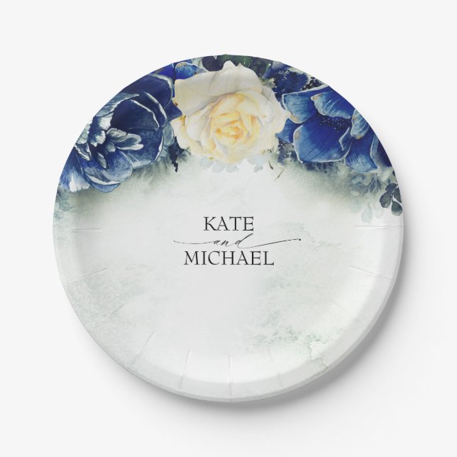 Navy Blue and Primrose Yellow Floral Wedding Paper Plate (Front)