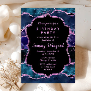 Navy Blue and Purple Glitter Ocean Agate Birthday Invitation