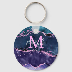 Navy Blue and Purple Glitter Ocean Agate Keychain
