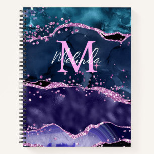 Navy Blue and Purple Glitter Ocean Agate Notebook