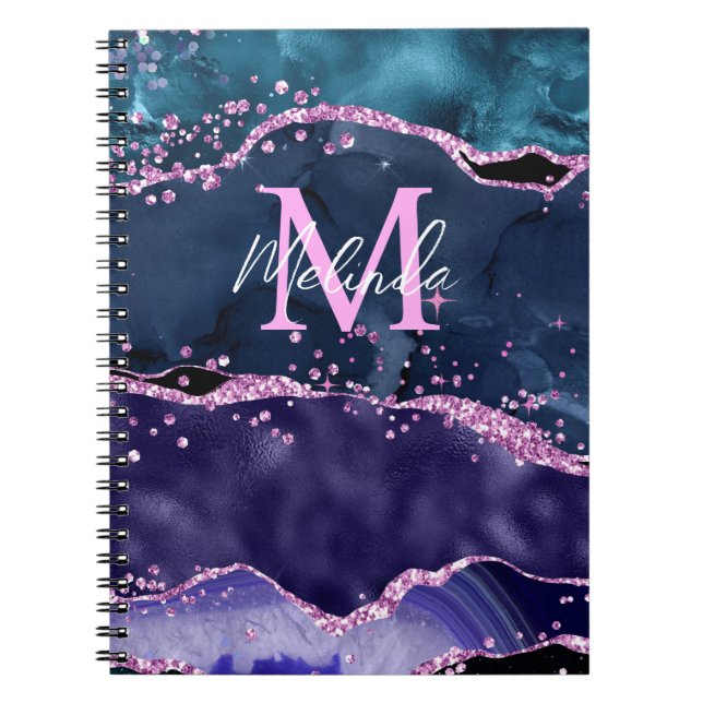 Navy Blue and Purple Glitter Ocean Agate Notebook (Front)