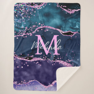 Navy Blue and Purple Glitter Ocean Agate Sherpa Blanket
