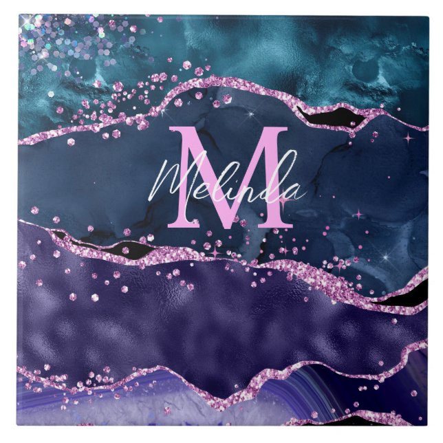 Navy Blue and Purple Glitter Ocean Agate Tile (Front)