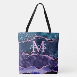 Navy Blue and Purple Glitter Ocean Agate Tote Bag