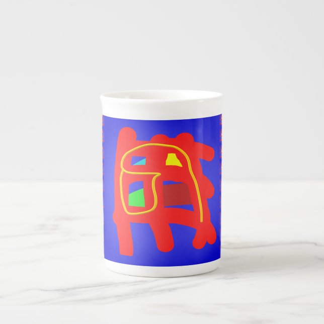 Navy blue and red abstact patterns glowing brite bone china mug (Front)