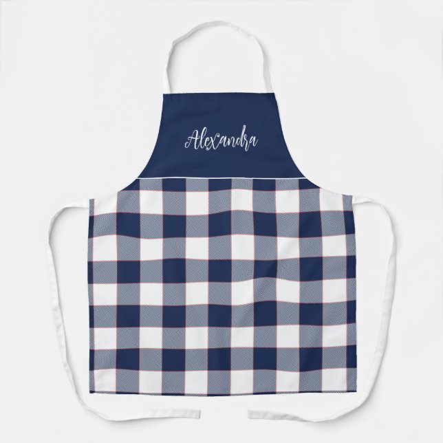 Navy Blue and Red Check  Personalized Kitchen  Apron (Front)
