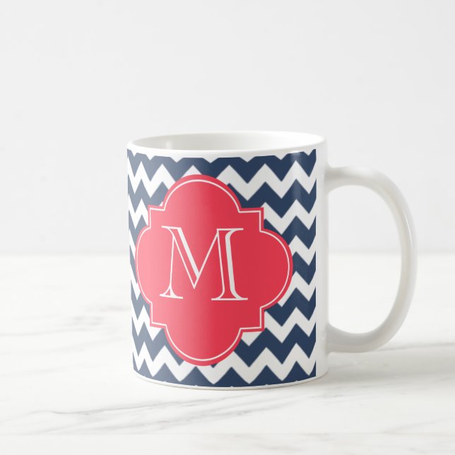 Navy Blue and Red Chevron Custom Monogram Coffee Mug (Right)