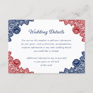 Navy Blue and Red Floral Lace Wedding Details Enclosure Card