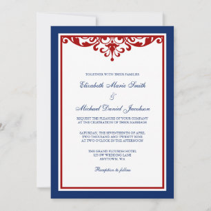 Navy Blue and Red Flourish Wedding Invitation