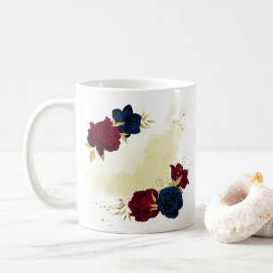 navy blue and red flowers greenery  coffee mug