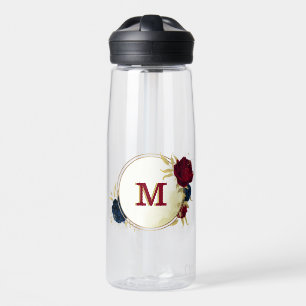 navy blue and red flowers greenery water bottle