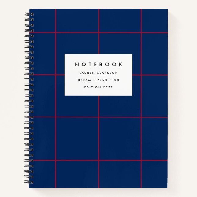 Navy Blue and Red Grid Notebook (Front)