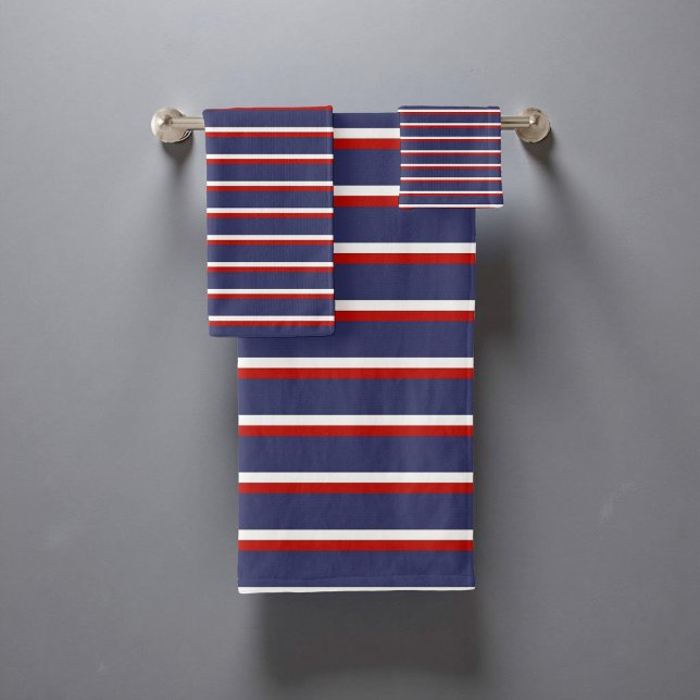 Navy Blue and Red Nautical Stripes Pattern Stylish Bath Towel Set (Creator Uploaded)