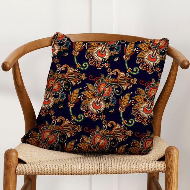 Navy Blue and Red Paisley Pattern Throw Pillow (Creator Uploaded)