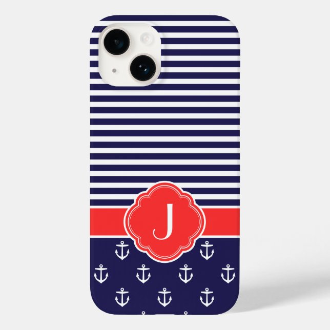 Navy Blue and Red Preppy Nautical Monogram Case-Mate iPhone Case (Back)