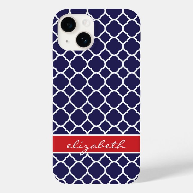 Navy Blue and Red Quatrefoil Monogram Case-Mate iPhone Case (Back)