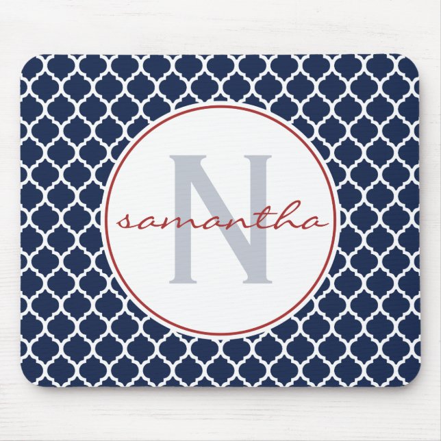 Navy Blue and Red Quatrefoil Monogram Mouse Pad (Front)