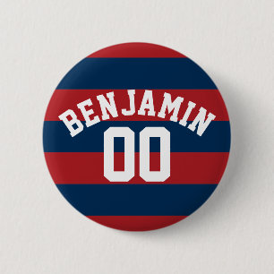 Navy Blue and Red Rugby Stripes Name Number 2 Inch Round Button