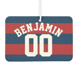 Navy Blue and Red Rugby Stripes Name Number Air Freshener
