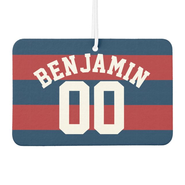 Navy Blue and Red Rugby Stripes Name Number Air Freshener (Front)