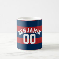 Navy Blue and Red Rugby Stripes Name Number