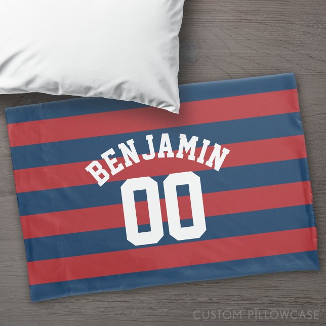 Navy Blue and Red Rugby Stripes Name Number Pillowcase (Custom Pillowcase)