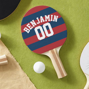 Navy Blue and Red Rugby Stripes Name Number Ping Pong Paddle