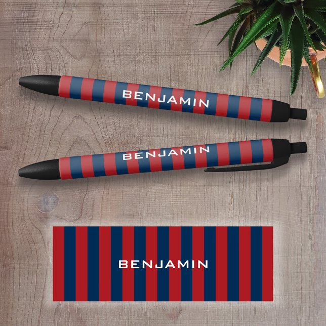 Navy Blue and Red Rugby Stripes with Custom Name Black Ink Pen (Personalized Writing Pen )