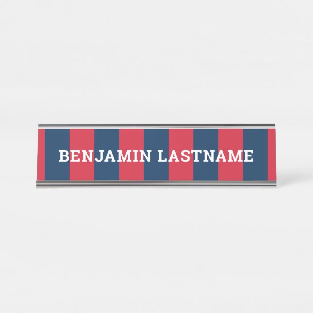 Navy Blue and Red Rugby Stripes with Custom Name Desk Name Plate (Front)