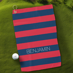 Navy Blue and Red Rugby Stripes with Custom Name Golf Towel