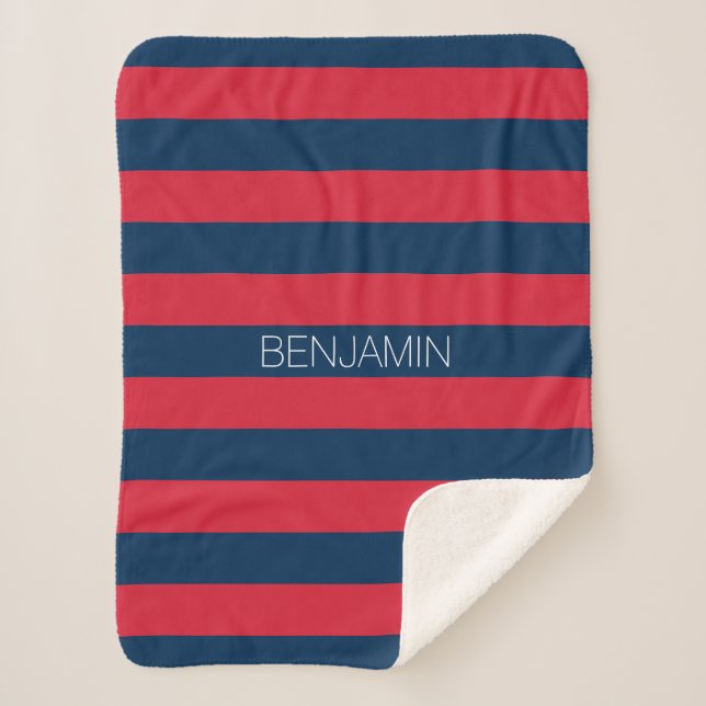 Navy Blue and Red Rugby Stripes with Custom Name Sherpa Blanket (Front)
